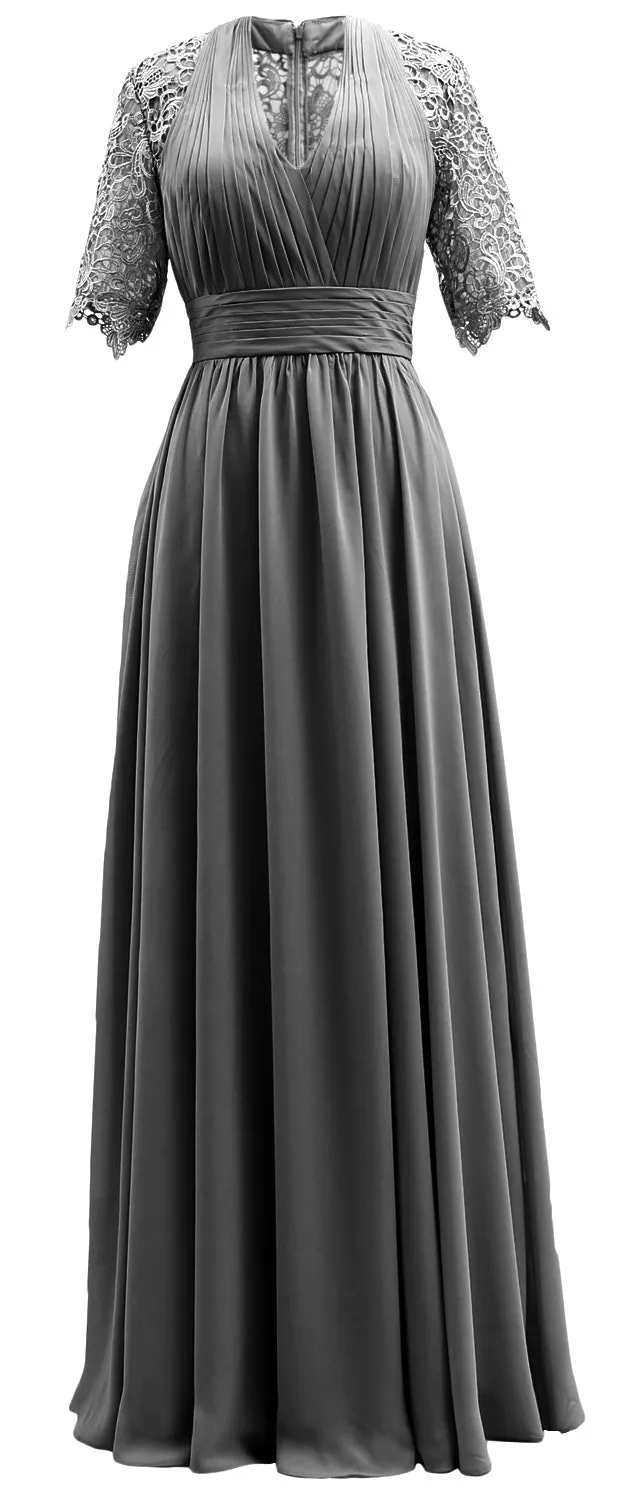 MACloth Long Mother of Bride Dresses Half Sleeves V Neck Formal Evening Gown