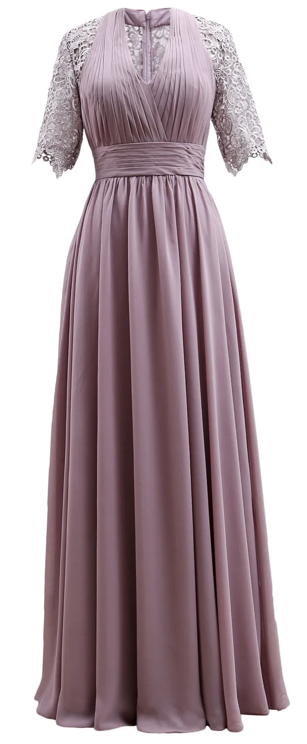 MACloth Long Mother of Bride Dresses Half Sleeves V Neck Formal Evening Gown