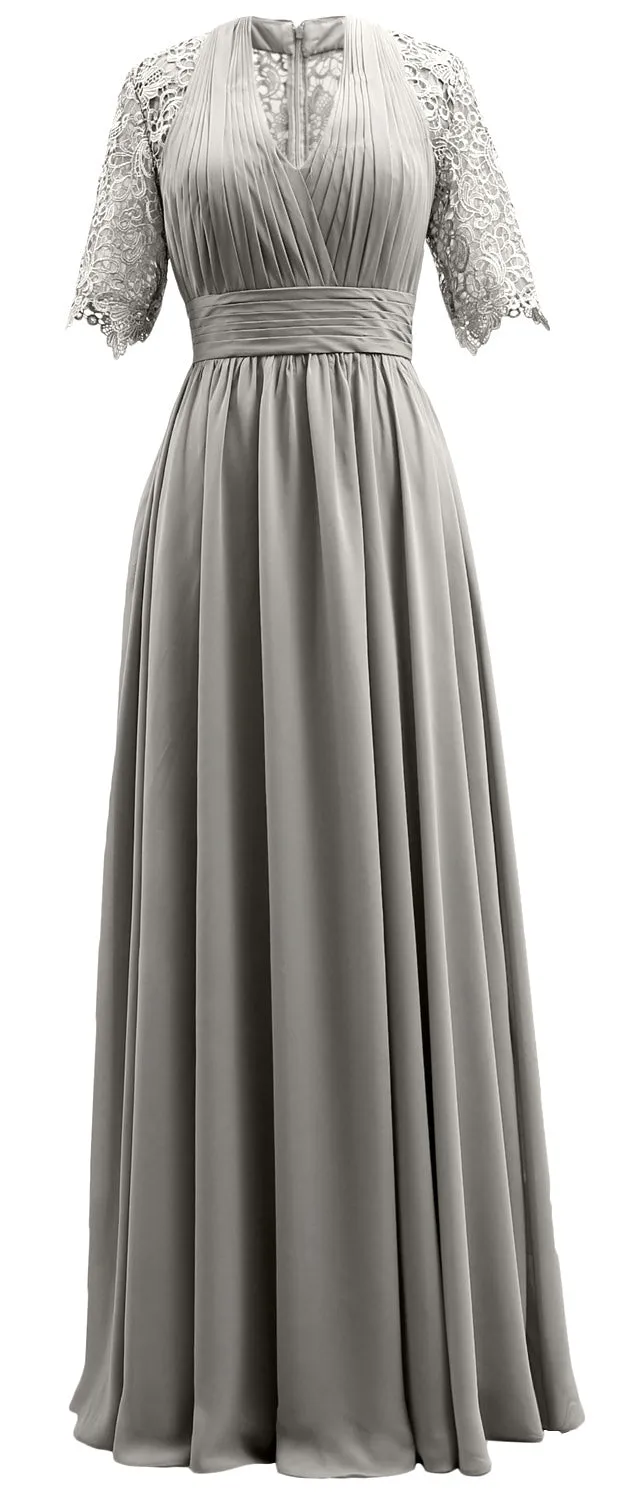 MACloth Long Mother of Bride Dresses Half Sleeves V Neck Formal Evening Gown