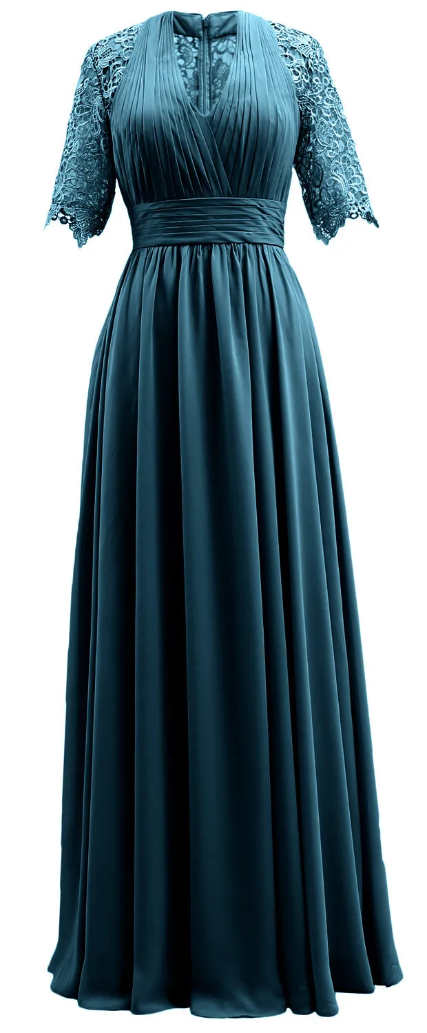 MACloth Long Mother of Bride Dresses Half Sleeves V Neck Formal Evening Gown