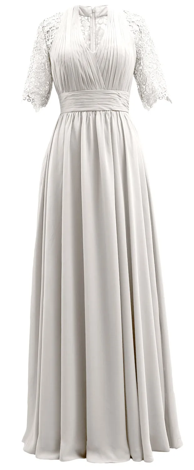 MACloth Long Mother of Bride Dresses Half Sleeves V Neck Formal Evening Gown