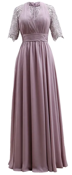 MACloth Long Mother of Bride Dresses Half Sleeves V Neck Formal Evening Gown