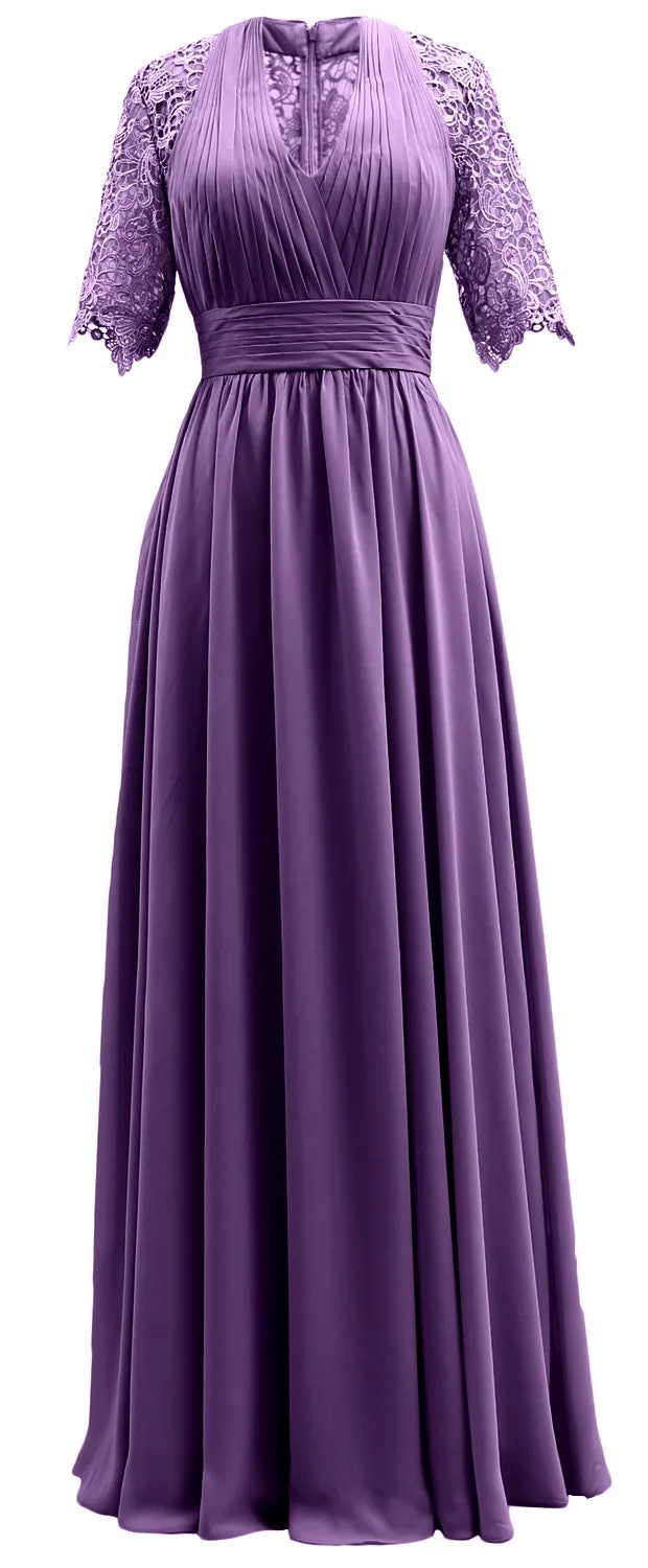 MACloth Long Mother of Bride Dresses Half Sleeves V Neck Formal Evening Gown