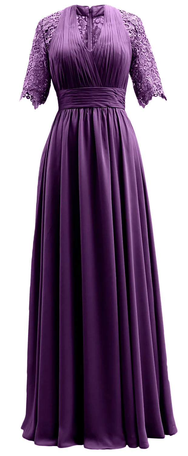 MACloth Long Mother of Bride Dresses Half Sleeves V Neck Formal Evening Gown