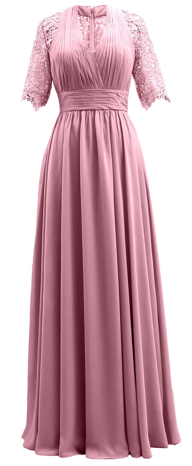 MACloth Long Mother of Bride Dresses Half Sleeves V Neck Formal Evening Gown