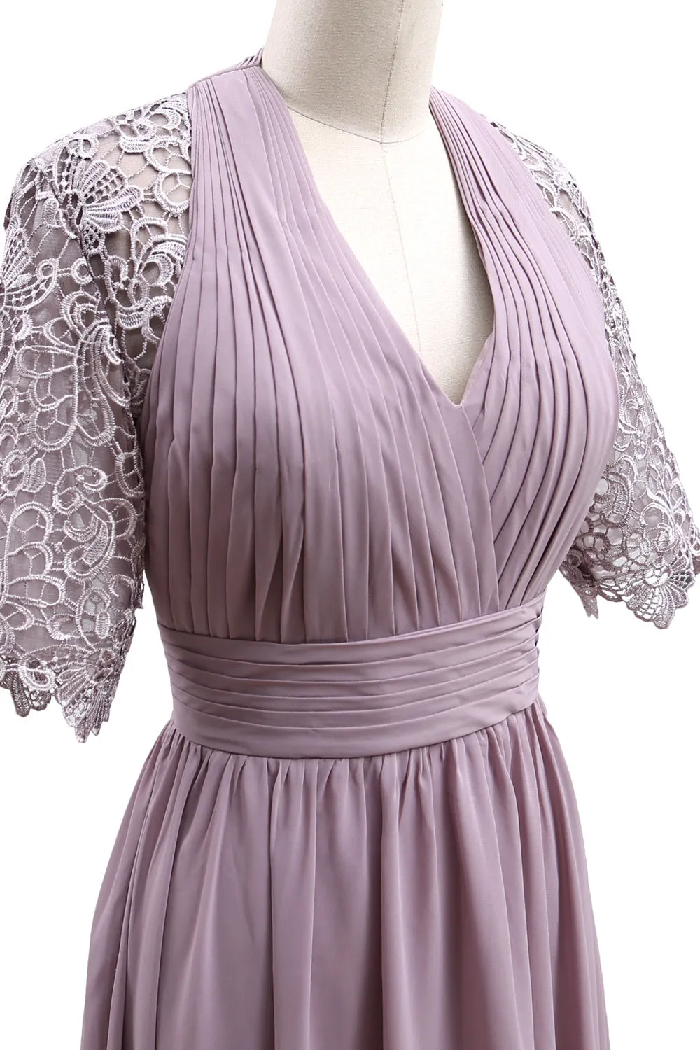 MACloth Long Mother of Bride Dresses Half Sleeves V Neck Formal Evening Gown