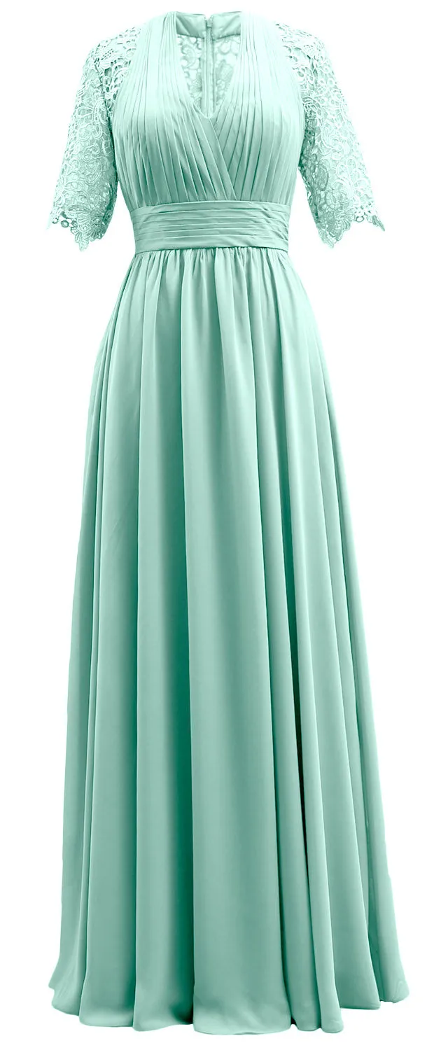MACloth Long Mother of Bride Dresses Half Sleeves V Neck Formal Evening Gown