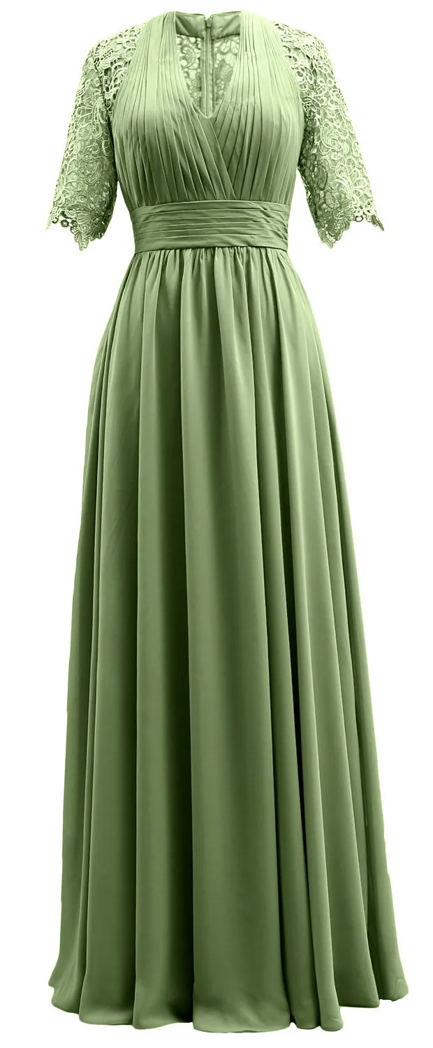 MACloth Long Mother of Bride Dresses Half Sleeves V Neck Formal Evening Gown