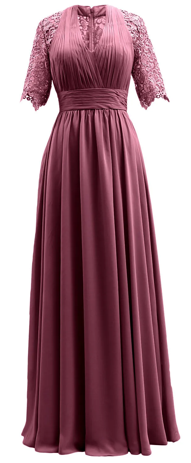MACloth Long Mother of Bride Dresses Half Sleeves V Neck Formal Evening Gown