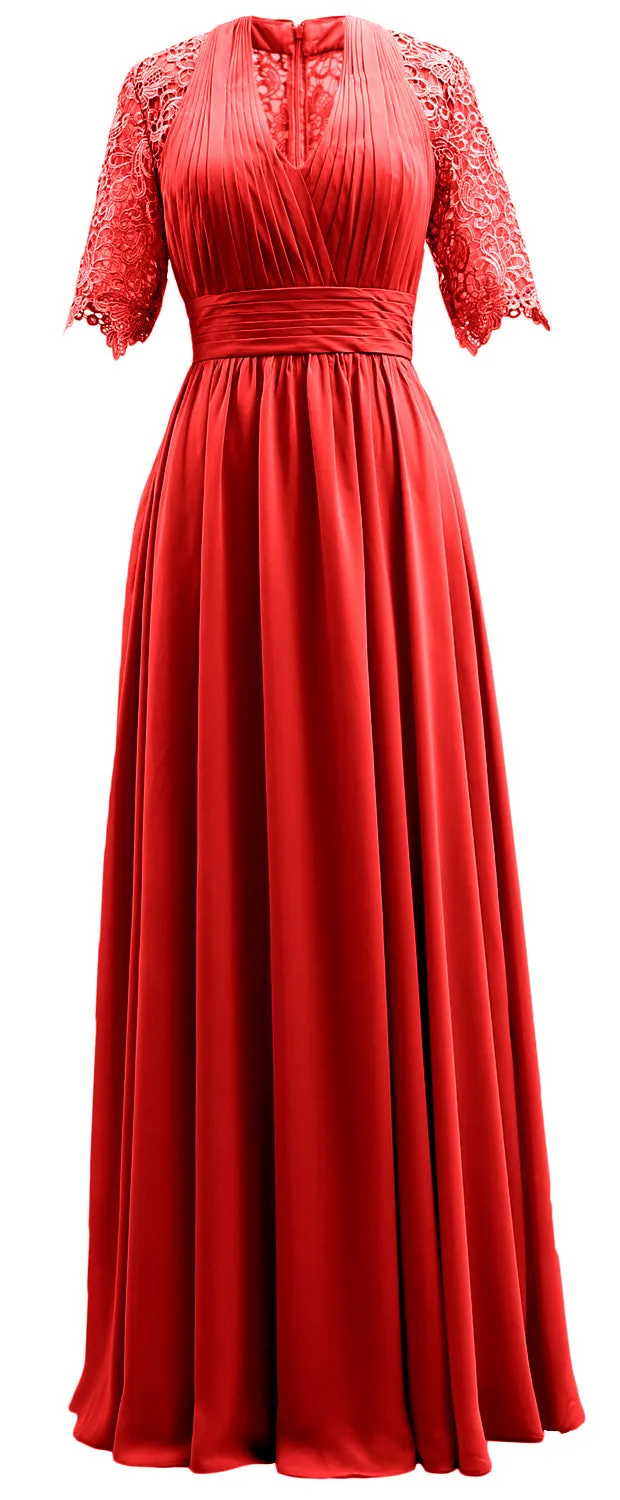 MACloth Long Mother of Bride Dresses Half Sleeves V Neck Formal Evening Gown