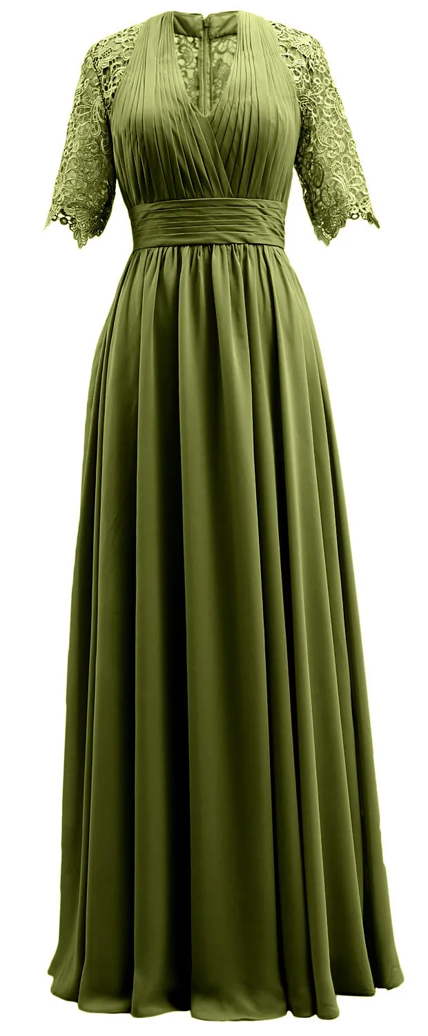MACloth Long Mother of Bride Dresses Half Sleeves V Neck Formal Evening Gown