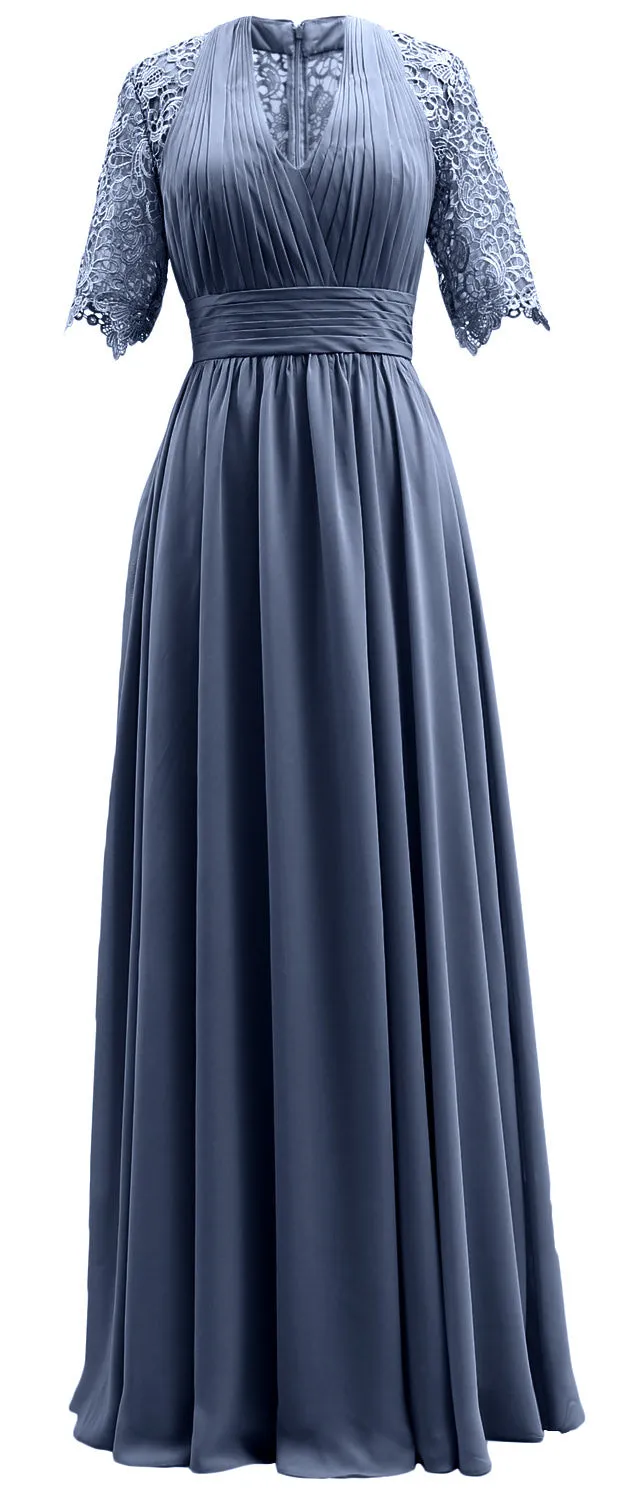 MACloth Long Mother of Bride Dresses Half Sleeves V Neck Formal Evening Gown