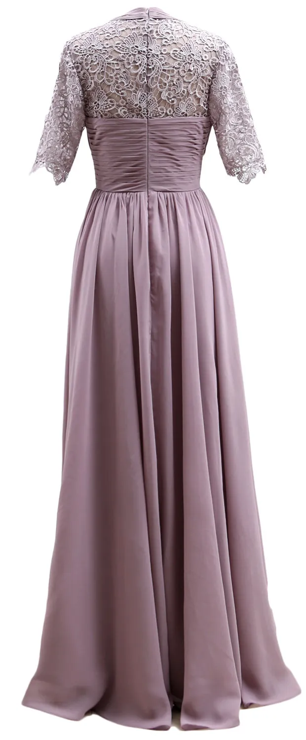 MACloth Long Mother of Bride Dresses Half Sleeves V Neck Formal Evening Gown