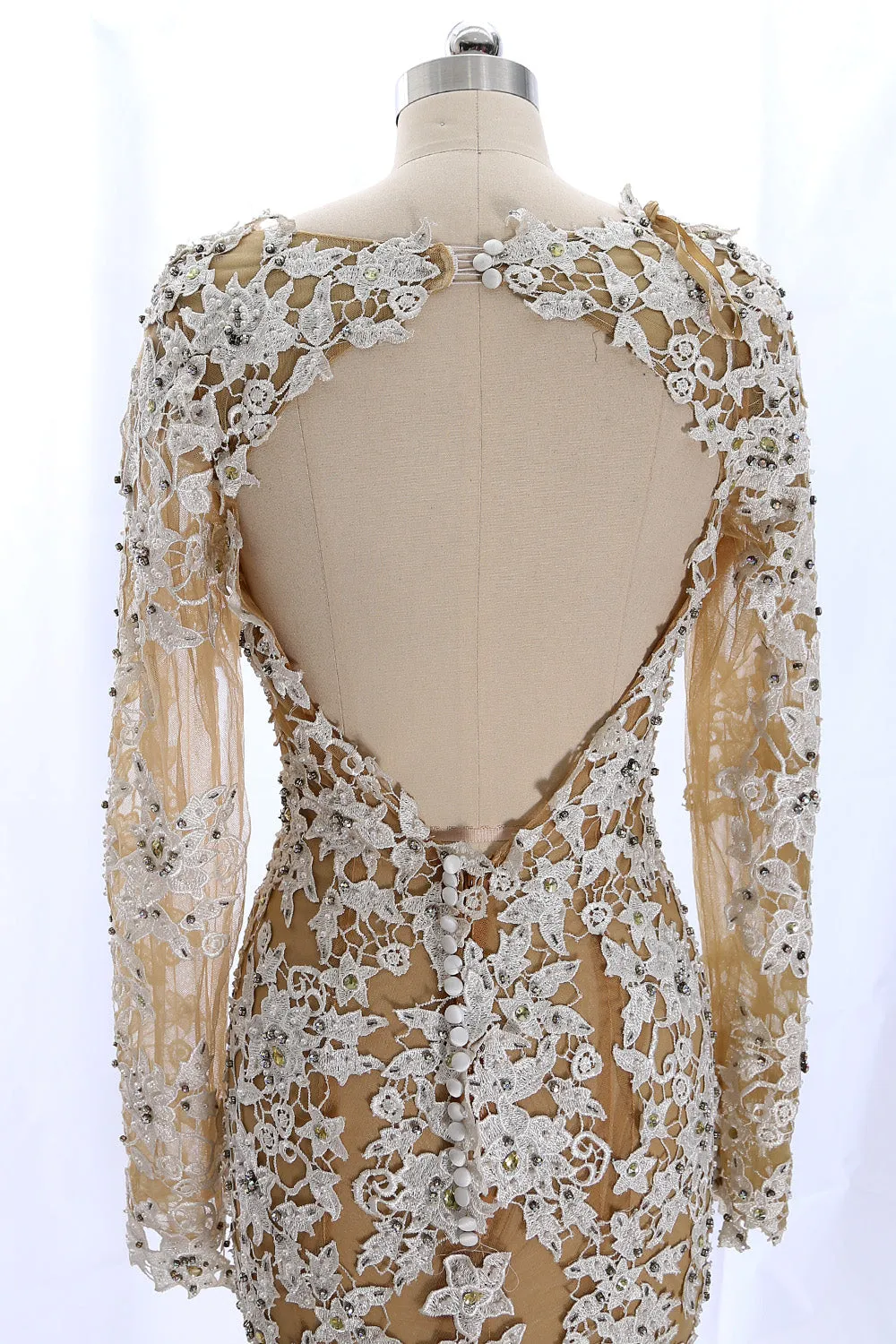 MACloth Long Sleeves Lace Mermaid Champagne Evening Formal Gown