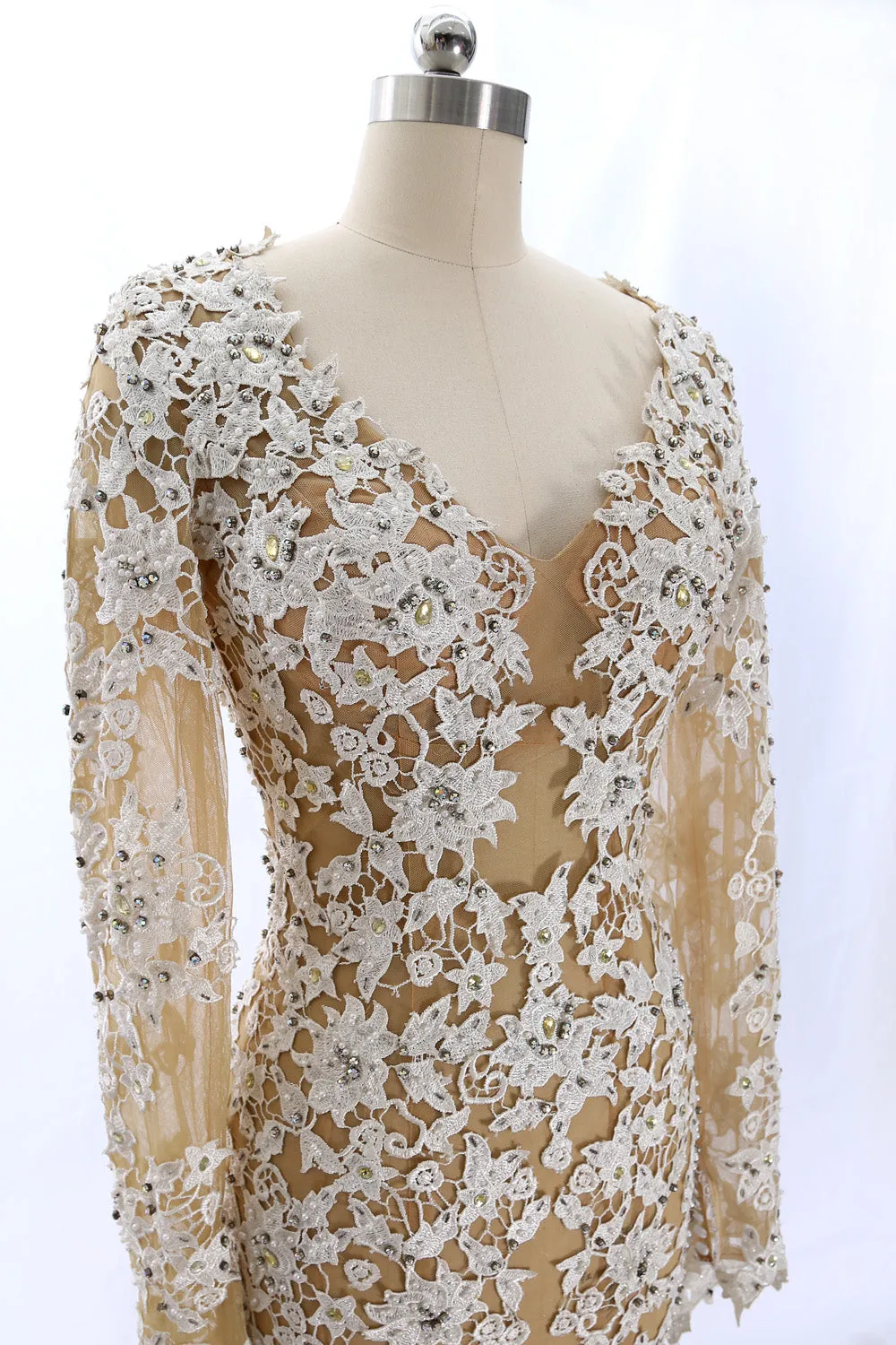 MACloth Long Sleeves Lace Mermaid Champagne Evening Formal Gown