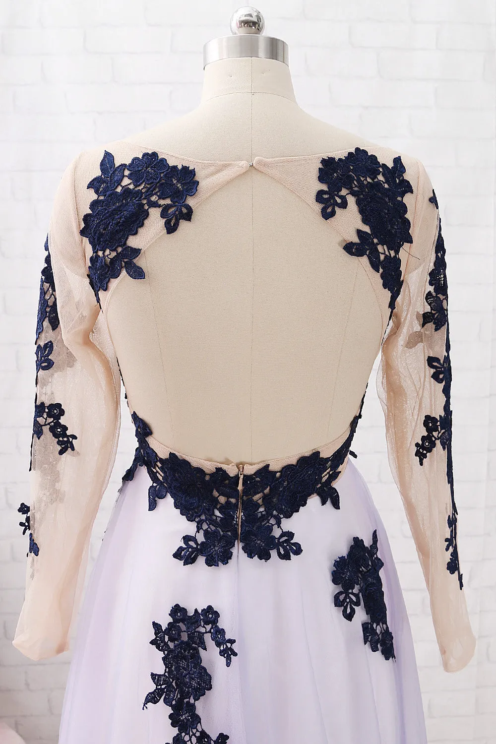 MACloth Long Sleeves Lace Tulle Dark Navy Maxi Prom Dress Formal Evening Gown