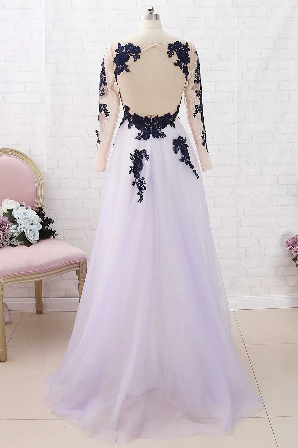MACloth Long Sleeves Lace Tulle Dark Navy Maxi Prom Dress Formal Evening Gown