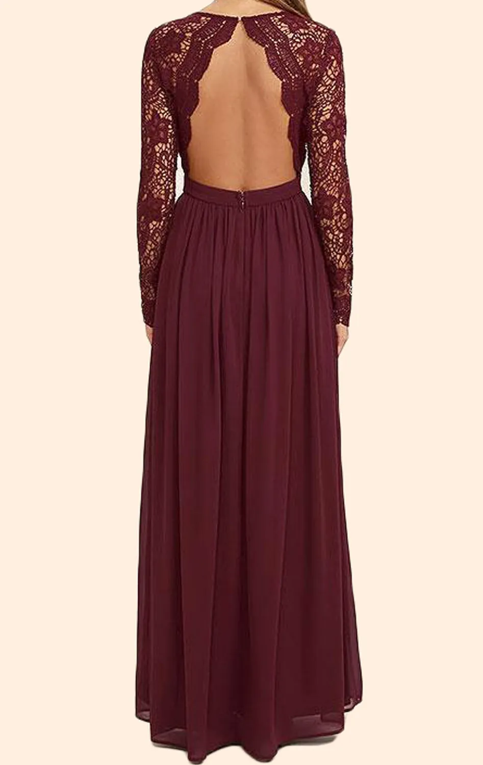 MACloth Long Sleeves V neck Lace Chiffon Long Prom Dress Burgundy Evening Formal Gown