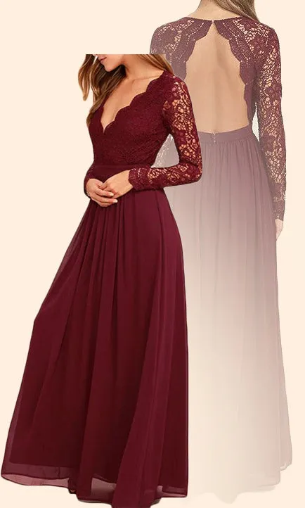 MACloth Long Sleeves V neck Lace Chiffon Long Prom Dress Burgundy Evening Formal Gown