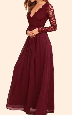 MACloth Long Sleeves V neck Lace Chiffon Long Prom Dress Burgundy Evening Formal Gown