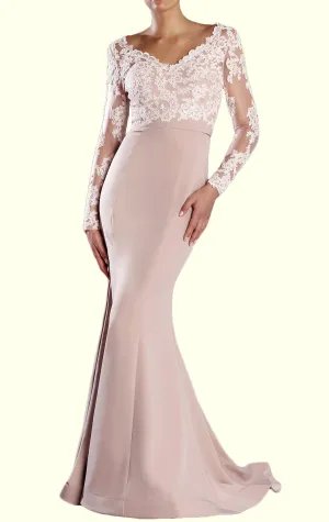 MACloth Long Sleeves V Neck Lace Prom Dress Mermaid Jersey Formal Evening Gown