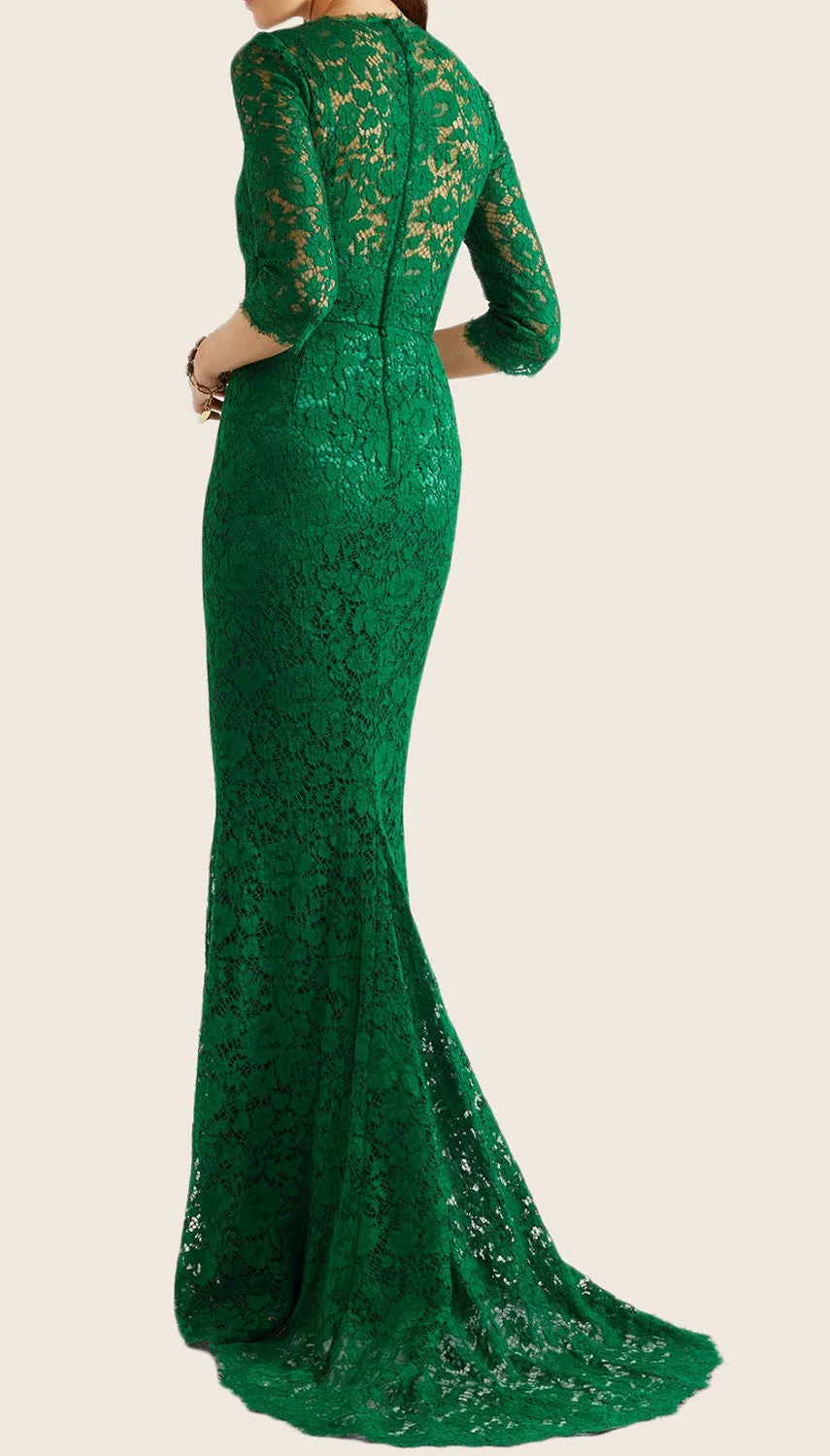 MACloth Mermaid 3/4 Sleeves Lace Evening Gown Green Formal Dress