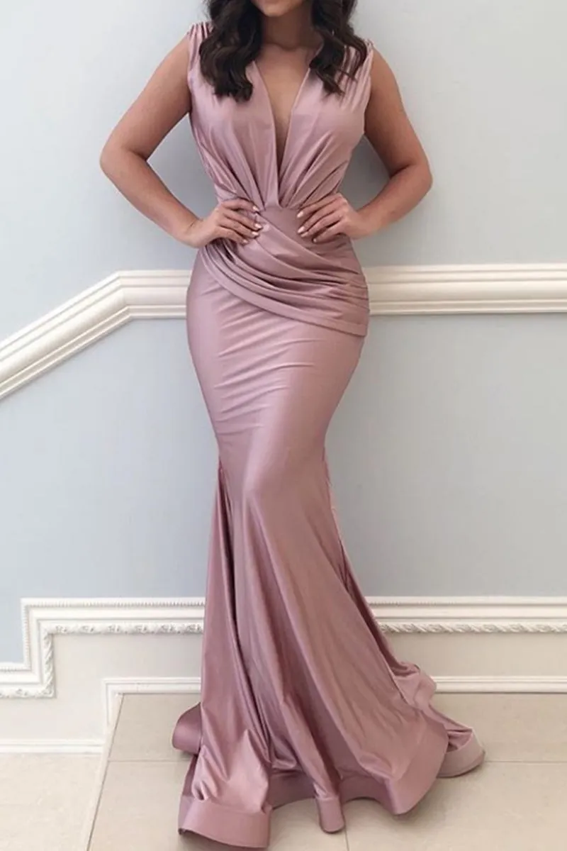 MACloth Mermaid Deep V Neck Jersey Long Prom Dress Fuchsia Formal Evening Gown
