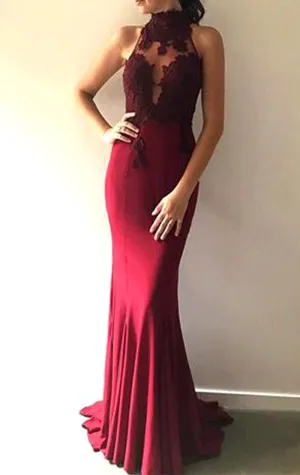 MACloth Mermaid High Neck Lace Jersey Long Prom Dress Burgundy Formal Evening Gown