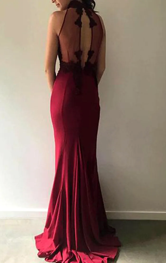 MACloth Mermaid High Neck Lace Jersey Long Prom Dress Burgundy Formal Evening Gown