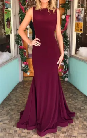 MACloth Mermaid Illusion Jersey Long Prom Dress Burgundy Formal Gown