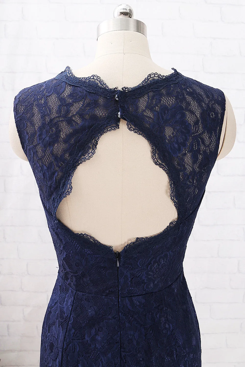 MACloth Mermaid Lace Long Bridesmaid Dress Dark Navy Formal Evening Gown
