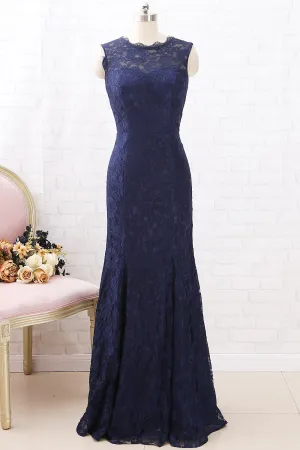 MACloth Mermaid Lace Long Bridesmaid Dress Dark Navy Formal Evening Gown