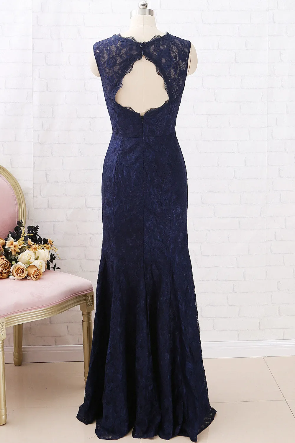 MACloth Mermaid Lace Long Bridesmaid Dress Dark Navy Formal Evening Gown