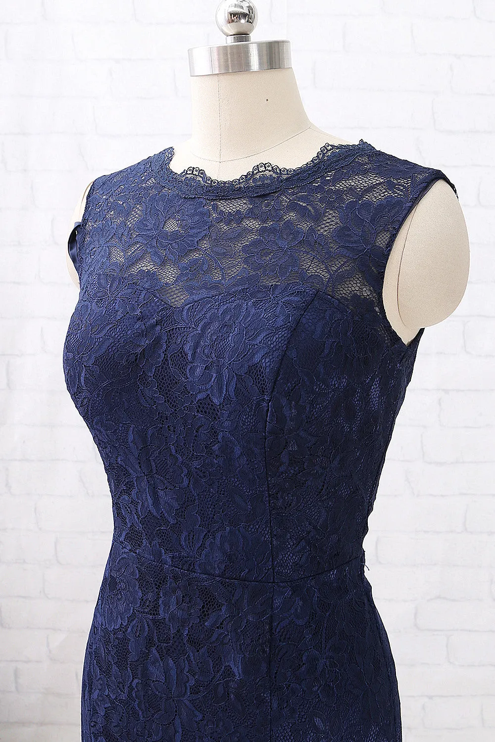MACloth Mermaid Lace Long Bridesmaid Dress Dark Navy Formal Evening Gown