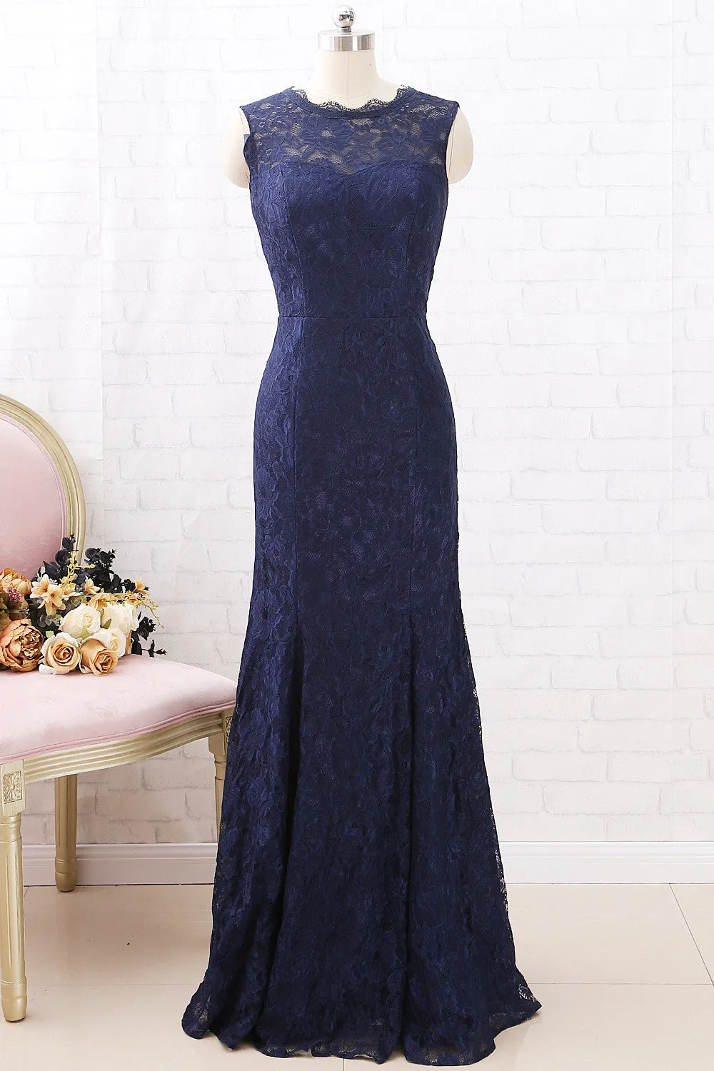 MACloth Mermaid Lace Long Bridesmaid Dress Dark Navy Formal Evening Gown