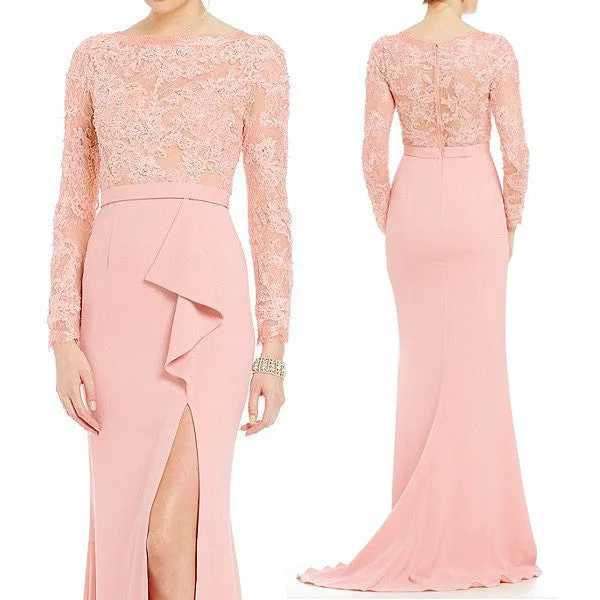 MACloth Mermaid Long Sleeve Evening Gown Blush Pink Mother of the Brides Dress