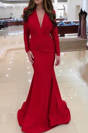MACloth Mermaid Long Sleeves V Neck Maxi Formal Evening Gown Jersey Mother of the Brides Dress
