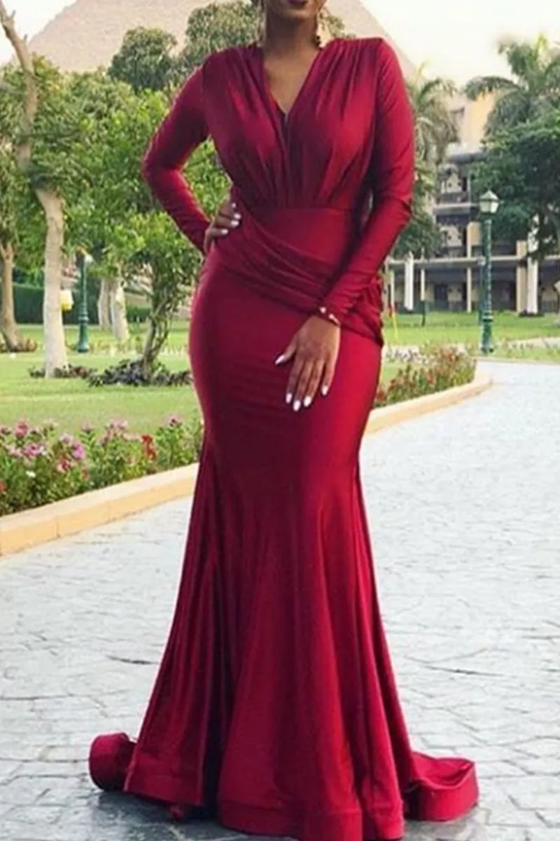 MACloth Mermaid Long Sleeves V Neck Maxi Formal Evening Gown Jersey Mother of the Brides Dress