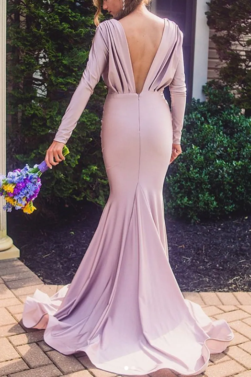 MACloth Mermaid Long Sleeves V Neck Maxi Formal Evening Gown Jersey Mother of the Brides Dress