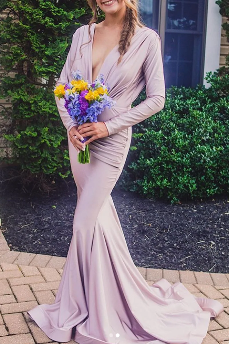 MACloth Mermaid Long Sleeves V Neck Maxi Formal Evening Gown Jersey Mother of the Brides Dress
