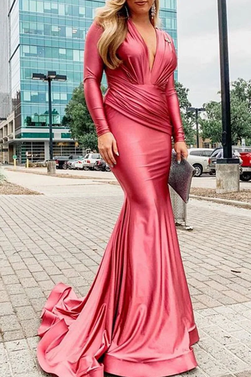 MACloth Mermaid Long Sleeves V Neck Maxi Formal Evening Gown Jersey Mother of the Brides Dress