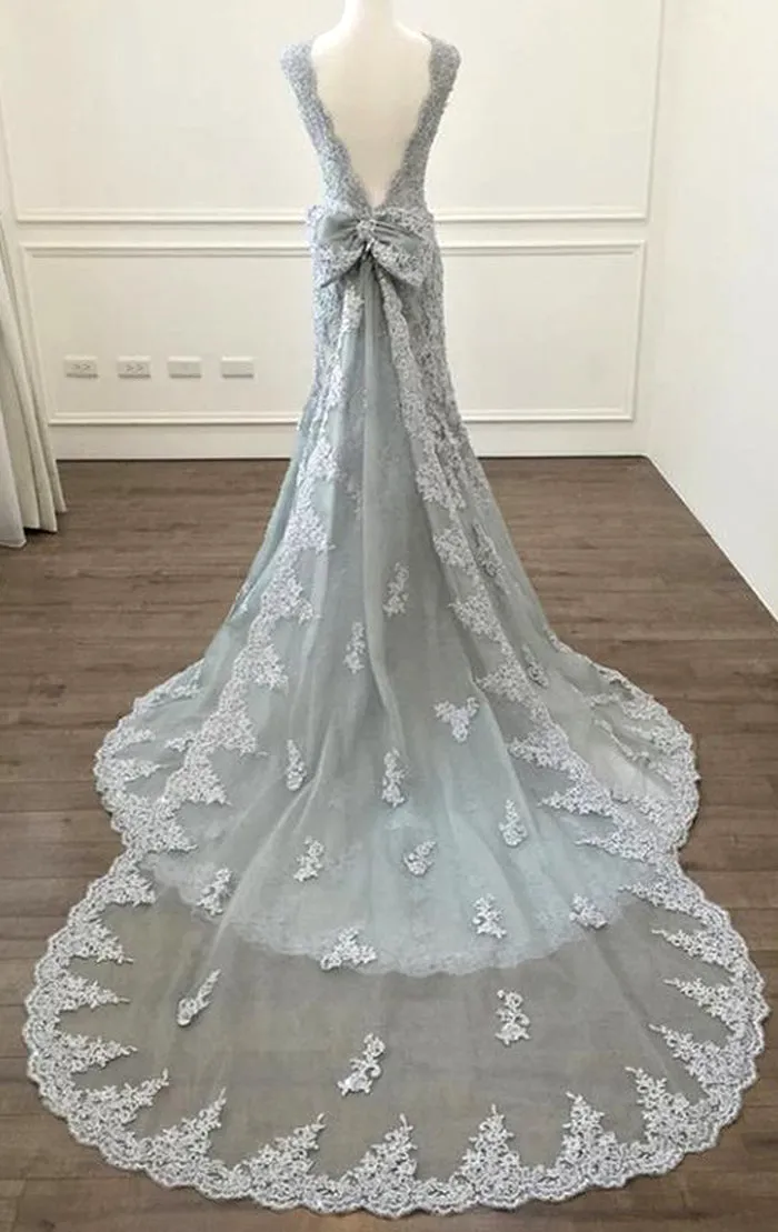 MACloth Mermaid O Neck Lace Long Prom Dress Silver Formal Evening Gown 10800