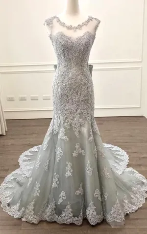 MACloth Mermaid O Neck Lace Long Prom Dress Silver Formal Evening Gown 10800