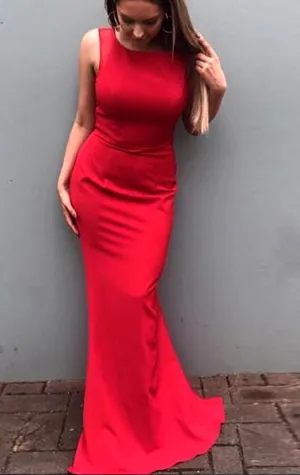 MACloth Mermaid O Neck Red Long Prom Dress with Open Back Jersey Formal Evening Gown 10621