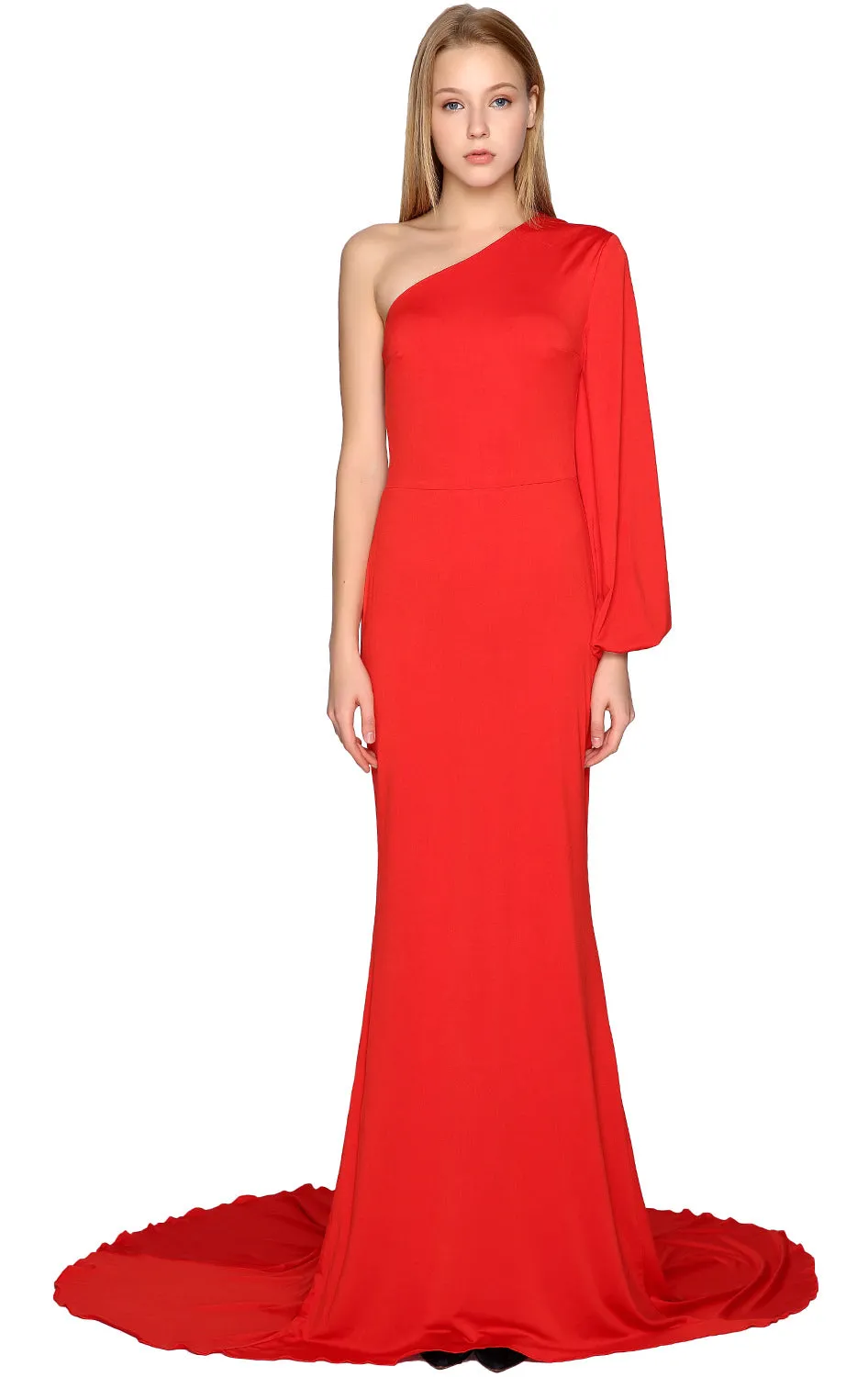 MACloth Mermaid Prom Dresses One Shoulder Long Sleeves Jersey Formal Evening Gown