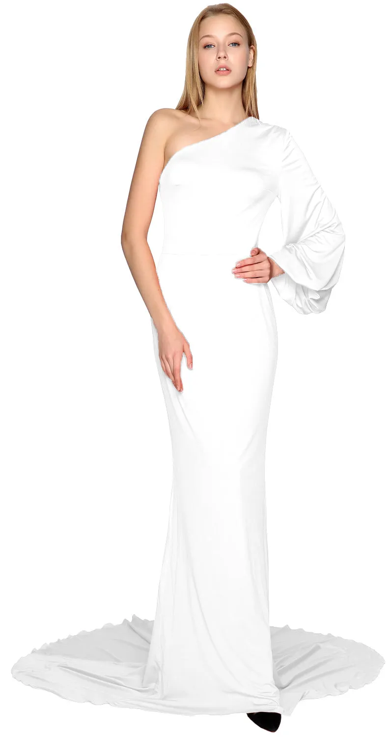 MACloth Mermaid Prom Dresses One Shoulder Long Sleeves Jersey Formal Evening Gown