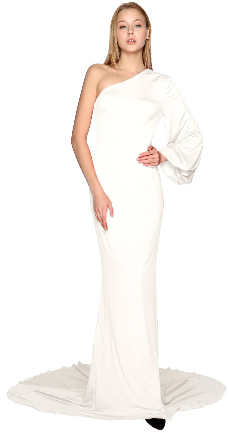 MACloth Mermaid Prom Dresses One Shoulder Long Sleeves Jersey Formal Evening Gown