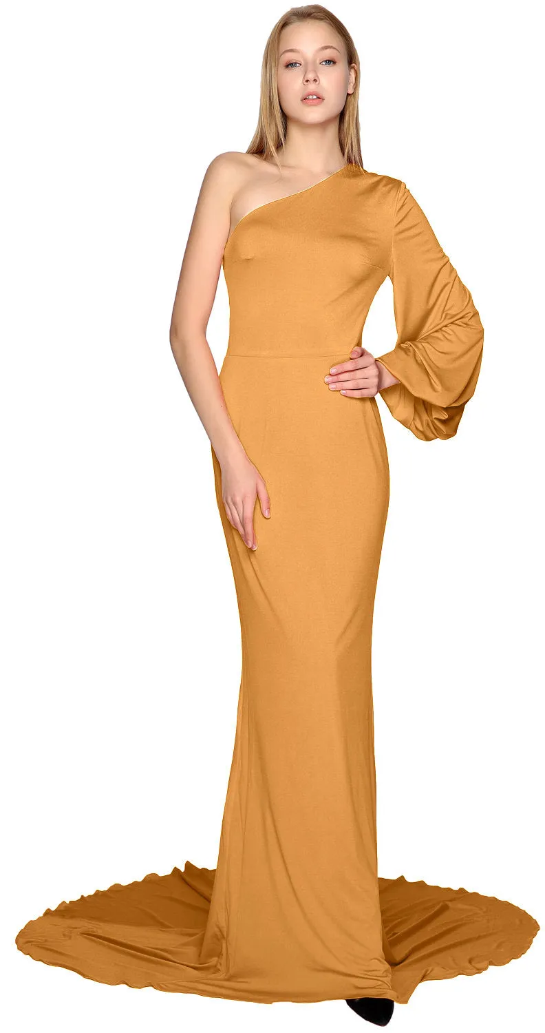 MACloth Mermaid Prom Dresses One Shoulder Long Sleeves Jersey Formal Evening Gown