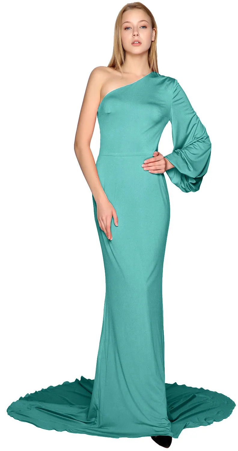 MACloth Mermaid Prom Dresses One Shoulder Long Sleeves Jersey Formal Evening Gown