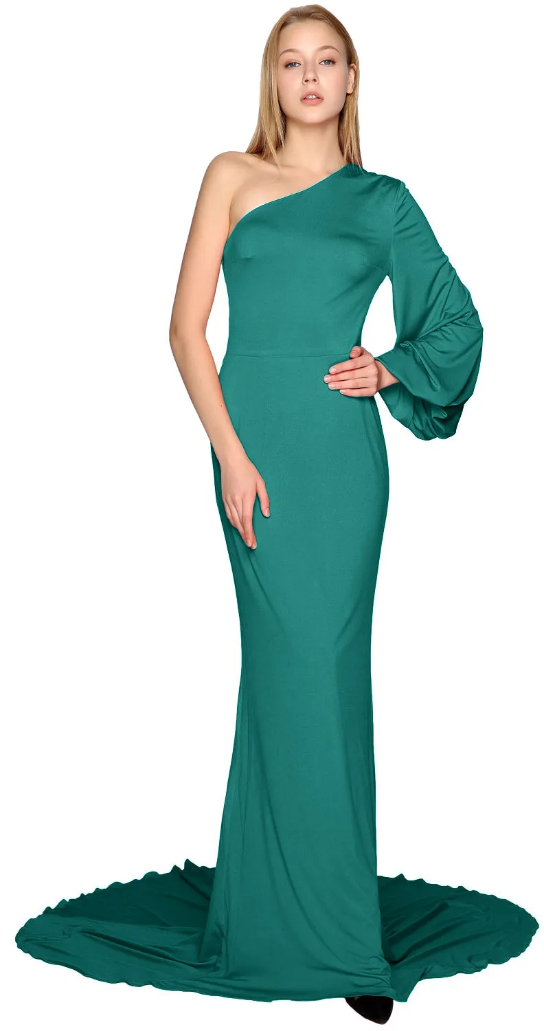 MACloth Mermaid Prom Dresses One Shoulder Long Sleeves Jersey Formal Evening Gown